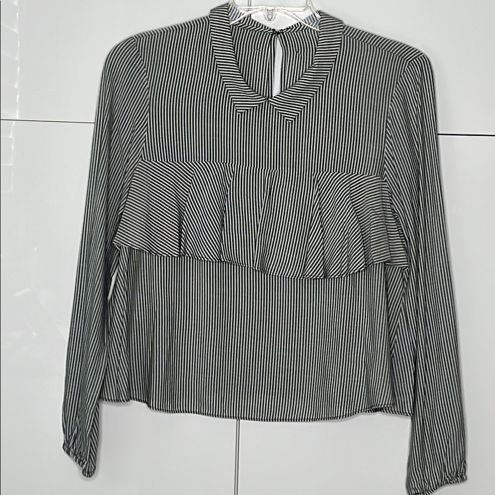 BCBGeneration Striped Black and White Women's Long Sleeve Ruffle Top